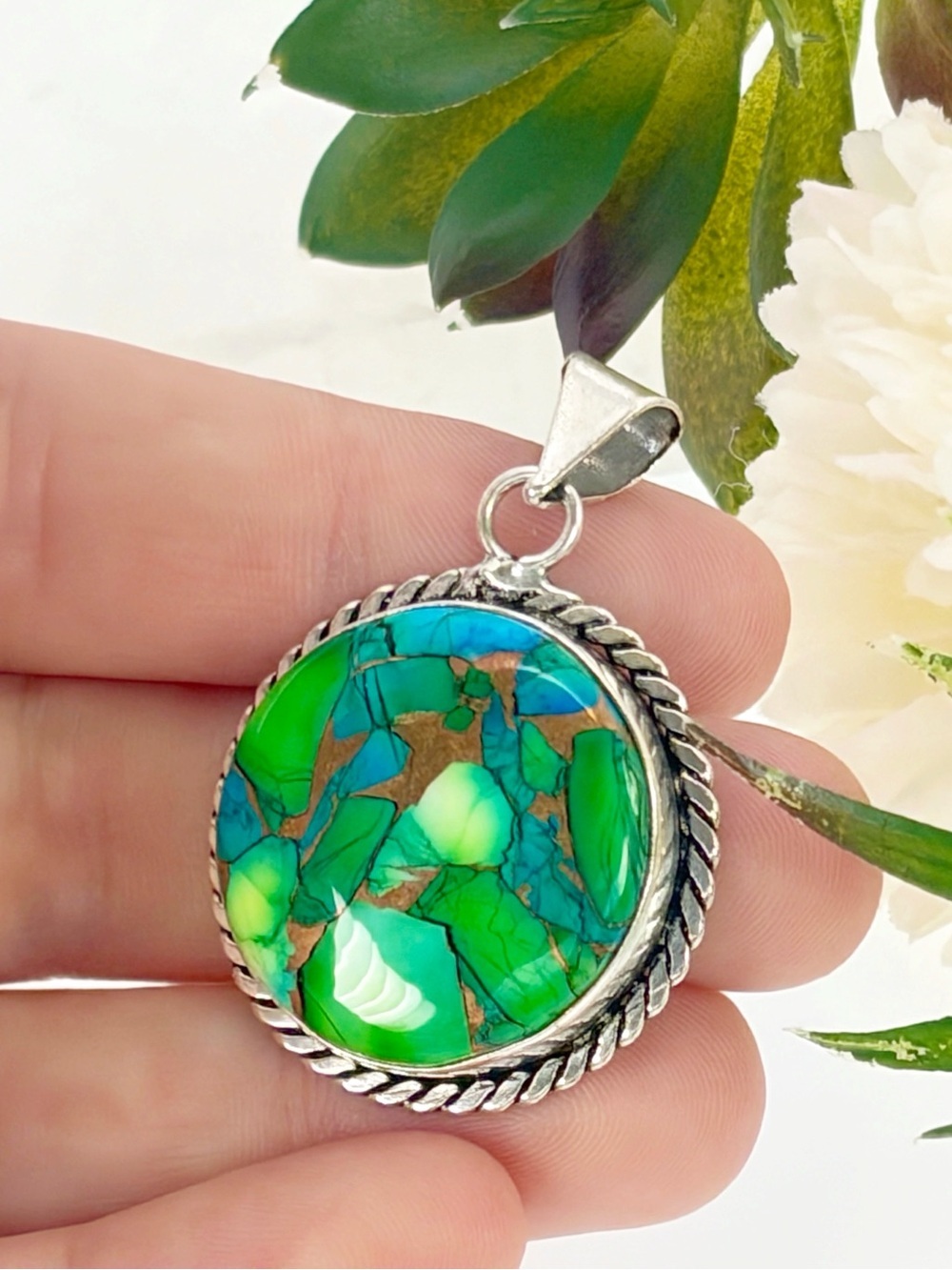 Blue Green Peacock Dahlia Turquoise Pendant Round Sterling Silver 925 Overlay
